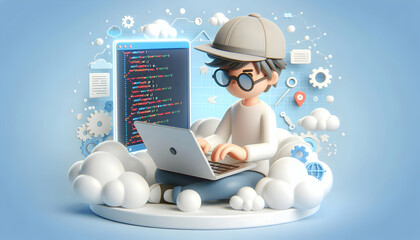 Poster - 3D Flat Icon of Developer Coding on Laptop | Software Development  Business Technology Concept with Dreamy Background for TextGraphics | Isolated on White