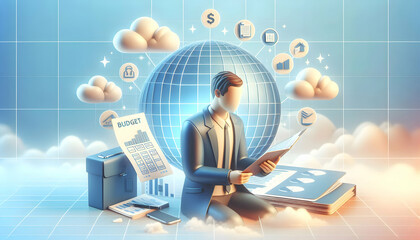 Poster - 3D Flat Icon: Finance Manager with Spreadsheet  Calculator Concept for Financial Management and Business Accounting on Dreamy Background