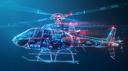 Wall Mural - 3d rendered xray blue transparent helicopter wire frame. chopper on the helipad blue wire-frame blueprints with perfect highlights and shadows. Futuristic Blue Hologram Wireframe chopper/Helicopter 		