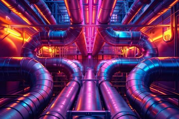 Wall Mural - Neonlit industrial pipes and conduits, abstract industrial background, sleek and futuristic