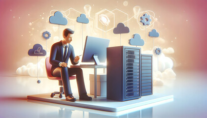 Poster - 3d flat icon: it manager reviewing server monitor | it management business technology concept | drea
