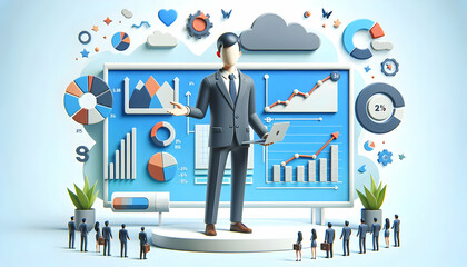 Poster - 3d flat icon of marketer giving presentation with laptop on whimsical background for business promot