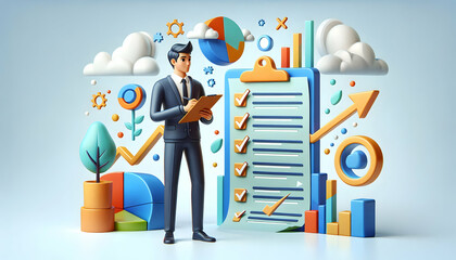 Poster - operations manager 3d flat icon with checklist and pen | business operations management concept on w