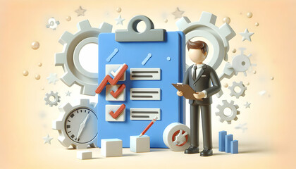 Poster - 3d flat icon operations manager with checklist and pen on whimsical background