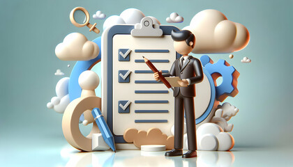 Poster - 3d flat icon operations manager checklist pen concept whimsical background business operations manag