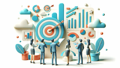 Poster - a sales team analyzing targets and graphs in 3d flat icon set, symbolizing sales strategy and busine
