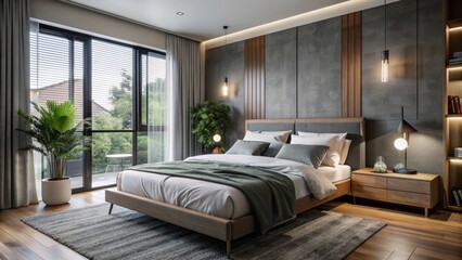 Modern minimalist bedroom with sleek gray walls, plush white comforter, and rich wooden furniture, illuminated by soft morning light.