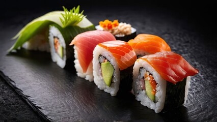 Wall Mural - sushi rolls on a black plate with a green leaf