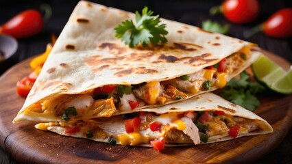 Canvas Print - a tortilla with chicken and cheese on a wooden board