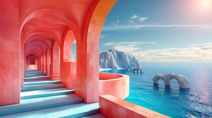 Poster - 3D render of a fantastical and abstract architectural scene with surreal geometric shapes and a minimalist aesthetic.
