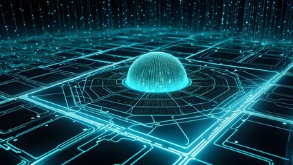 A blue and green computer screen with a large, glowing sphere in the center