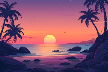 Wall Mural - Rocky beach sunset over calm ocean with palm trees