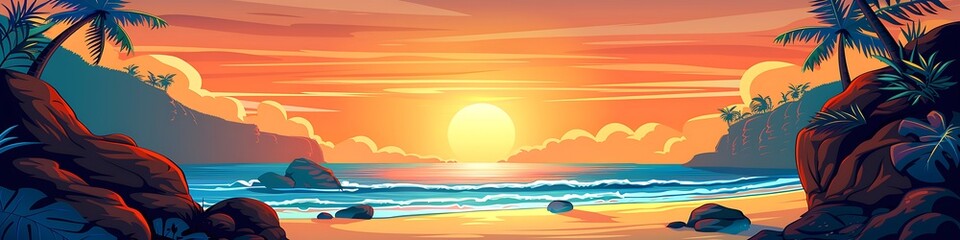 Wall Mural - A vibrant sunset over the ocean with palm trees and rocks on the beach