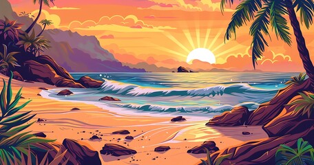 Wall Mural - Rocky beach at sunset with palm trees and waves crashing on shore