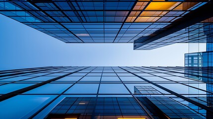 Poster - From below of entrance of office building next to contemporary high rise structures with glass mirrored walls and illuminated lights in calgary city against cloudless blue sky : Generative AI