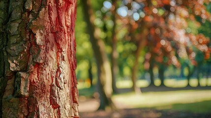 Poster - Closeup of a red tree trunk in a park : Generative AI