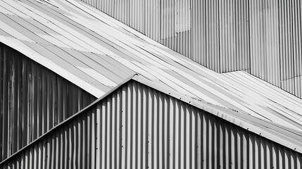 Poster - Corrugated metal walls of industrial building Pitched roof Abstract modern architecture in minimal style Material geometric pattern with triangles polygons angular structure and parall : Generative AI