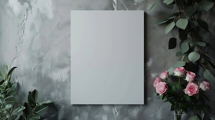 Aufkleber - White canvas mockup hanging on grey wall and bouquet of pink roses with eucalyptus leaves Empty blank canvas interior decor : Generative AI
