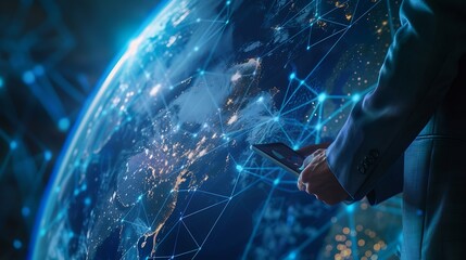 Aufkleber - Global internet network connection global business internet of thing concept Business man using digital tablet social networking digital marketing internet technology futuristic tech b : Generative AI
