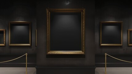 Poster - Mockup black blank space in vertical gold wooden square frame hanging isolated on dark background behind display stanchions Empty single vintage golden rectangular frame in museum : Generative AI