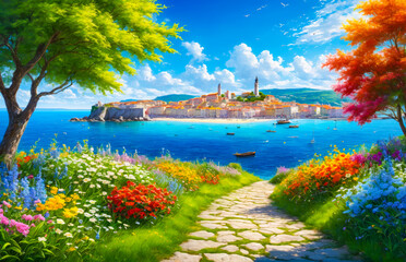 Wall Mural - Stone path leading to a beautiful coastal town.