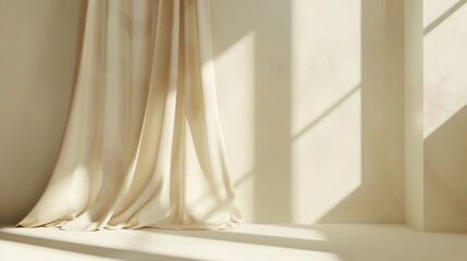 Poster - Minimalistic abstract gentle light beige background for product presentation with light and shadow of window curtains on wall : Generative AI