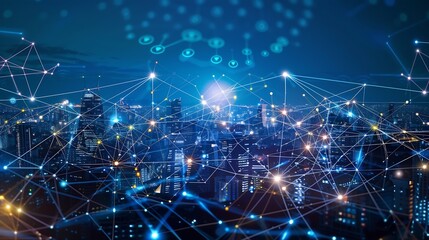 Aufkleber - Big data connection technology Cityscape telecommunication and communication network concept : Generative AI