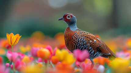 Wall Mural - Peacock standing in the middle of a field of flowers at the zoo