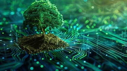 Leinwandbilder - Tree with soil growing on  the converging point of computer circuit board Blue light and wireframe network background Green Computing Green Technology Green IT csr and IT ethics Concep : Generative AI