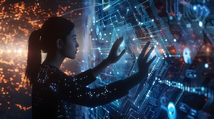 Fototapete - Digital technology internet network connection big data digital marketing IoT internet of things Woman using modern computer surfing internet futuristic metaverse innovative technology : Generative AI