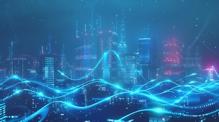 Poster - Smart city and big data connection technology concept with digital blue wavy wires with antennas on night megapolis city skyline background double exposure : Generative AI