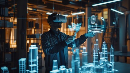 Aufkleber - Male engineer uses VR headset and wireless controllers creates architectural project of the city in virtual reality Man works in modern hitech company 3D hologram Future digital AI tec : Generative AI