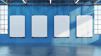 Leinwandbilder - Four blank white vertical posters hang on blue wall in an exhibition hall Empty interior front view background photo : Generative AI