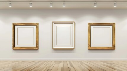 Poster - Antique golden art fair gallery frame on the wall at auction house or museum exhibition blank template with empty white copyspace for mockup design artwork concept : Generative AI