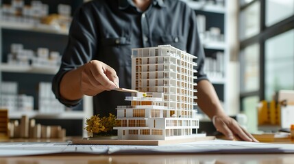 Poster - Close up Asian individual architect or engineer holding building scale model of multistory building design or review of architectural plans laid out on work surface in front of them : Generative AI