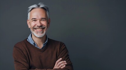 Wall Mural - Portrait of happy casual mature man smiling senior age man with gray hair Isolated on dark gray background copy space : Generative AI