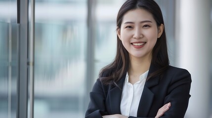 Poster - Young asian woman professional entrepreneur standing in office clothing smiling and looking confident white background : Generative AI