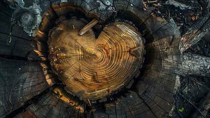 Aufkleber - Heart shaped tree trunk Remaining pieces of a mango tree after cutting it down Top view : Generative AI