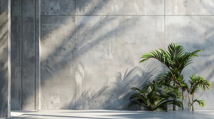 Sticker - Blank concrete wall in modern empty room with tropical plant garden Luxury house interior with green palm trees Minimal architecture design : Generative AI