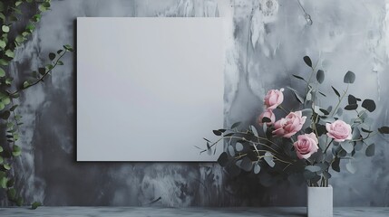 Aufkleber - White canvas mockup hanging on grey wall and bouquet of pink roses with eucalyptus leaves Empty blank canvas interior decor : Generative AI