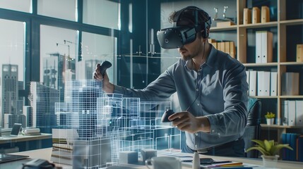 Aufkleber - Male architect uses VR headset and wireless controllers creates architectural project of metropolis in virtual reality Man works in hitech company 3D hologram Future innovative AI tech : Generative AI