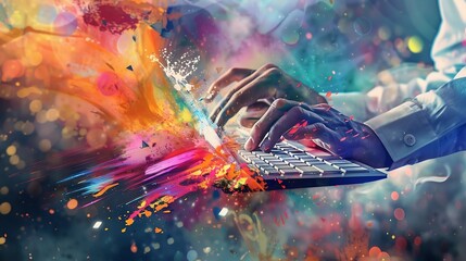 Fototapete - Contemporary art collage Creative design Male hand fast typing on keyboard developing code securing information Concept of IT business data science coding occupation modern technologie : Generative AI