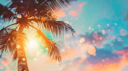 Poster - Tropical palm tree with colorful bokeh sun light on sunset sky cloud abstract background Summer vacation and nature travel adventure concept Vintage tone filter effect color style : Generative AI