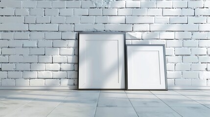 Poster - Photo frames on floor over white brick wall close up : Generative AI