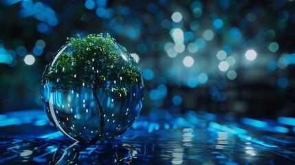 Leinwandbilder - Tree growing on crystal globe Digital Convergence and Technology Convergence Blue light binary and network background Green Computing Green Technology Green IT csr and IT ethics Concep : Generative AI