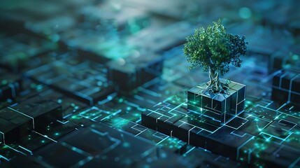 Aufkleber - Tree growing on Circuit digital cube Digital and Technology Convergence Blue light and Wireframe network background Green Computing Green Technology Green IT csr and IT ethics Concept : Generative AI