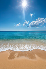 Poster - Bright sunny beach with clear blue skies and gentle waves, perfect for summer and vacation concepts.