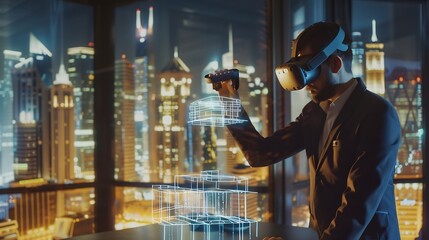 Aufkleber - Male engineer uses VR headset and wireless controllers creates architectural project of the city in virtual reality Man works in modern hitech company 3D hologram Future digital AI tec : Generative AI