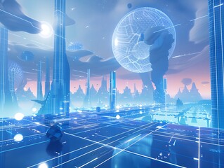 Poster - Futuristic Cityscape with Digital Sky