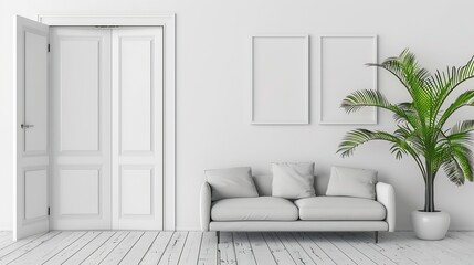 Poster - Blank picture frames mockups on white wall White living room design View of  modern boho scandi style interior with sofa cushions potted palm plant through open white door Home staging : Generative AI